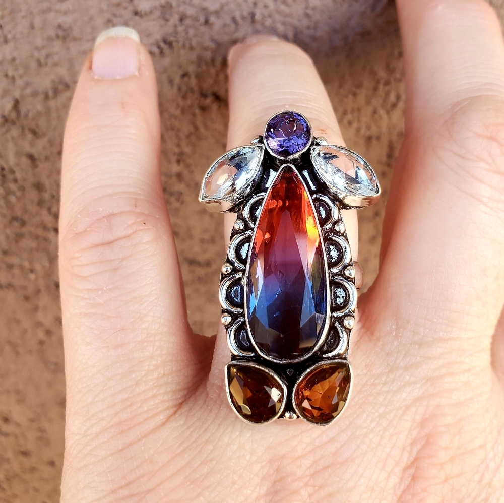 New Bi-Color Tourmaline 925 Silver Statement Ring.